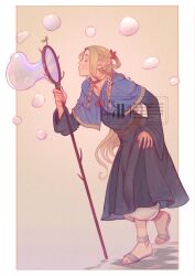 Rule 34 | 1girl, absurdres, ambrosia (dungeon meshi), blonde hair, blowing bubbles, blue capelet, blue robe, border, braid, capelet, choker, closed eyes, dungeon meshi, elf, gradient background, highres, holding, holding staff, kyotosparty, long hair, long sleeves, mage staff, marcille donato, multiple braids, outside border, pointy ears, profile, red choker, robe, sandals, simple background, solo, sprout, staff, watermark, white border