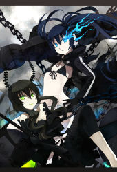 Rule 34 | 10s, 2girls, absurdres, belt, bikini, bikini top only, black dress, black hair, black rock shooter, black rock shooter (character), blue eyes, caee penguin, chain, curly hair, dead master, dress, flat chest, front-tie top, glowing, glowing eyes, green eyes, highres, horns, long hair, midriff, multiple girls, navel, shorts, smile, swimsuit, twintails