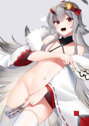 Rule 34 | 1girl, :d, ahoge, akagi kurage, azur lane, bare shoulders, covering privates, covering breasts, cowboy shot, fur trim, gradient hair, grey background, grey hair, groin, hair ornament, hibiki (azur lane), hibiki (new year&#039;s little imp) (azur lane), highres, horns, long hair, looking at viewer, multicolored hair, navel, no bra, no pants, off shoulder, ofuda, open clothes, open mouth, red eyes, skindentation, smile, solo, stomach, thighhighs, very long hair, white thighhighs, wide sleeves