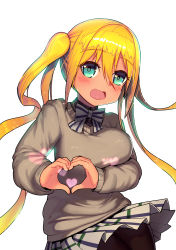 Rule 34 | 1girl, :d, absurdres, bad id, bad pixiv id, black shirt, blend s, blonde hair, blush, bow, breasts, brown pantyhose, brown sweater, collared shirt, green eyes, hair between eyes, hair ornament, heart, heart hair ornament, highres, hinata kaho, large breasts, leonat, long hair, long sleeves, looking at viewer, open mouth, pantyhose, plaid, plaid skirt, pleated skirt, puffy long sleeves, puffy sleeves, school uniform, shirt, sidelocks, simple background, skirt, sleeves past wrists, smile, solo, sparkling eyes, striped, striped bow, sweater, tan, twintails, very long hair, white background, white bow, white skirt