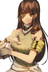 Rule 34 | 1girl, armband, assault rifle, breasts, brown eyes, brown hair, closed mouth, eyepatch, girls&#039; frontline, gloves, green armband, green shirt, grey gloves, gun, highres, long hair, looking at viewer, m16a1 (girls&#039; frontline), m4 carbine, mask, multicolored hair, rifle, scar, scar across eye, shirt, simple background, skull mask, smile, solo, tank top, upper body, weapon, xanax025