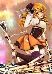 Rule 34 | 10s, 1girl, arched back, at2., beret, blonde hair, boots, bow, corset, detached sleeves, drill hair, fingerless gloves, gloves, gun, hair ornament, hat, highres, magical girl, magical musket, mahou shoujo madoka magica, mahou shoujo madoka magica (anime), skirt, striped clothes, striped thighhighs, thighhighs, tomoe mami, twin drills, vertical-striped clothes, vertical-striped thighhighs, weapon, yellow eyes, zettai ryouiki