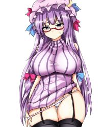 Rule 34 | 1girl, bespectacled, black thighhighs, blue bow, blunt bangs, bow, breasts, commentary request, cowboy shot, crescent, crescent hair ornament, dress, garter belt, garter straps, glasses, gluteal fold, hair bow, hair ornament, hat, highres, isshin (sasayamakids), large breasts, long hair, looking at viewer, mob cap, panties, panty pull, patchouli knowledge, pulled by self, purple dress, purple eyes, purple hair, purple hat, red-framed eyewear, red bow, short dress, simple background, solo, striped clothes, striped dress, thick thighs, thigh gap, thighhighs, thighs, touhou, underwear, very long hair, white background, white panties