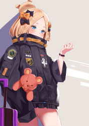Rule 34 | 1girl, abigail williams (fate), abigail williams (traveling outfit) (fate), belt, black bow, black jacket, blonde hair, blue eyes, blush, bow, fate/grand order, fate (series), hair bow, hair bun, heroic spirit traveling outfit, jacket, long sleeves, official alternate costume, orange belt, orange bow, parted bangs, polka dot, polka dot bow, single hair bun, sleeves past fingers, sleeves past wrists, solo, standing, stuffed animal, stuffed toy, suitcase, teddy bear, watch, wristwatch, yukiyama momo