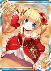 Rule 34 | 1girl, age regression, akkijin, bare shoulders, blonde hair, blue eyes, card (medium), crown, dress, hair ornament, hair ribbon, holding, holding sword, holding weapon, looking at viewer, looking up, official art, red dress, red footwear, red ribbon, ribbon, serious, shinkai no valkyrie, shoes, short hair, sword, twintails, weapon, weapon bag, aged down