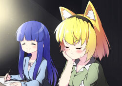 2girls animal_ear_fluff animal_ears black_hairband blonde_hair blue_hair blue_shirt blunt_bangs blush breasts closed_eyes collarbone furude_rika green_shirt hairband hazumi_otoya highres higurashi_no_naku_koro_ni holding holding_pencil houjou_satoko indoors long_hair multiple_girls pajamas pencil purple_hair shirt short_hair smile sweatdrop