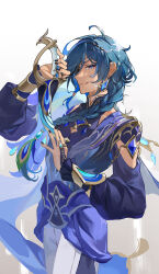 Rule 34 | 1boy, :q, antenna hair, arm up, artist name, black nails, blue eyes, blue gemstone, blue hair, blue jacket, blue shirt, bracer, braid, braided ponytail, bridal gauntlets, closed mouth, collarbone, commentary request, cowboy shot, dagger, dark-skinned male, dark skin, earrings, eyelashes, eyepatch, feather hair ornament, feathers, fingernails, frilled sleeves, frills, gem, genshin impact, gold trim, grey background, hair ornament, hair over shoulder, hand up, highres, holding, holding dagger, holding knife, holding weapon, jacket, jewelry, kaeya (genshin impact), kaeya (sailwind shadow) (genshin impact), knife, long hair, long sleeves, looking at viewer, male focus, mochuuuuuuu, nail polish, official alternate costume, one eye covered, open clothes, open jacket, pants, parted bangs, peacock feathers, profile, puffy long sleeves, puffy sleeves, ring, shirt, sidelocks, sideways glance, simple background, single braid, sleeveless, sleeveless shirt, smile, solo, standing, swept bangs, tassel, tongue, tongue out, twitter username, watermark, weapon, white background, white pants