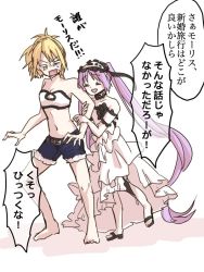 Rule 34 | 2girls, absurdly long hair, arm hug, bad id, bad twitter id, barefoot, belt, black ribbon, blonde hair, blush, breasts, choker, cleavage, commentary request, damemoto 000, closed eyes, fate/apocrypha, fate/grand order, fate/hollow ataraxia, fate (series), hairband, lolita hairband, long hair, mordred (fate), mordred (fate/apocrypha), mordred (memories at trifas) (fate), multiple girls, open mouth, ponytail, purple hair, revealing clothes, ribbon, sandals, short shorts, shorts, sleeveless, stheno (fate), sweat, translation request, twintails, very long hair, white background, yuri