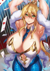 Rule 34 | 1girl, ahoge, animal ears, armpits, arms up, artoria pendragon (all), artoria pendragon (fate), artoria pendragon (swimsuit ruler) (fate), bare shoulders, between breasts, blonde hair, blue necktie, blue pantyhose, braid, breasts, card, cleavage, clothing cutout, detached collar, fake animal ears, fate/grand order, fate (series), feather boa, fishnet pantyhose, fishnets, french braid, green eyes, hair between eyes, highleg, highleg leotard, highres, hikari (komitiookami), huge breasts, leotard, long hair, navel, navel cutout, necktie, necktie between breasts, pantyhose, playboy bunny, playing card, ponytail, rabbit ears, revision, sidelocks, solo, tiara, white leotard, wrist cuffs
