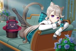 Rule 34 | 1girl, animal ears, aqua bow, black footwear, black hat, boots, bow, brown pantyhose, cat ears, cat girl, cat tail, closed mouth, collared shirt, commentary, couch, facial tattoo, flower pot, genshin impact, hat, highres, huge bow, juliet sleeves, knee boots, knees up, light brown hair, long sleeves, looking at viewer, lying, lynette (genshin impact), on couch, pantyhose, puffy sleeves, purple eyes, shirt, signature, solo, star tattoo, tail, tattoo, top hat, two-tone gloves, white shirt, zhi jiu