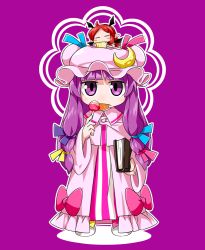 Rule 34 | 2girls, book, bow, byourou, candy, chibi, crescent, crescent hair ornament, demon wings, fang, food, full body, hair ornament, hat, head wings, holding, jitome, koakuma, licking, lollipop, long sleeves, looking at viewer, mob cap, multiple girls, outline, patchouli knowledge, purple background, purple eyes, purple hair, purple theme, red hair, simple background, standing, touhou, wings