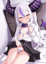 Rule 34 | 1girl, ahoge, bikini, black skirt, blush, bow, bowtie, clothes lift, cocozasa, commentary request, demon girl, demon horns, flat chest, grey hair, highres, hololive, horns, la+ darknesss, lifted by self, long hair, long sleeves, looking at viewer, micro bikini, multicolored hair, open clothes, open shirt, pointy ears, purple bow, purple bowtie, purple hair, shirt, sidelocks, skirt, skirt lift, solo, streaked hair, striped horns, swimsuit, virtual youtuber, white shirt, yellow eyes