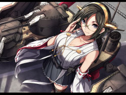 Rule 34 | 10s, 1girl, adjusting eyewear, bare shoulders, black hair, blue eyes, breasts, commentary request, detached sleeves, glasses, green-framed eyewear, hairband, headgear, kantai collection, kirishima (kancolle), kirishima kai ni (kancolle), large breasts, looking at viewer, machinery, nagioka, nontraditional miko, revision, ribbon-trimmed sleeves, ribbon trim, rigging, short hair, skirt, solo, standing, turret, wide sleeves, wind
