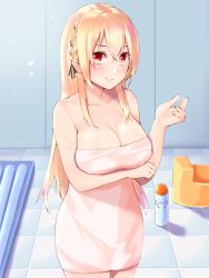 Rule 34 | 1girl, azur lane, bathroom, black ribbon, blonde hair, blush, braid, breast hold, breasts, checkered floor, checkered wall, cleavage, closed mouth, collarbone, commentary request, french braid, hair between eyes, hair ribbon, hand up, highres, king george v (azur lane), large breasts, long hair, looking at viewer, naked towel, nikku hikikomori, red eyes, ribbon, sidelocks, smile, solo, standing, towel, wet