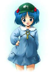 Rule 34 | 1girl, bad id, bad pixiv id, blue eyes, blue hair, female focus, hair bobbles, hair ornament, hand on own hip, hat, hip focus, kawashiro nitori, marugoshi (54burger), matching hair/eyes, open mouth, smile, solo, touhou, two side up