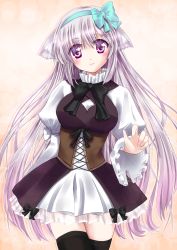 Rule 34 | 1girl, animal ears, black thighhighs, blush, breasts, corset, fule, hair ornament, hair ribbon, hairband, hairclip, highres, lace, large breasts, light purple hair, long hair, original, puffy sleeves, purple eyes, ribbon, simple background, skirt, smile, solo, thighhighs