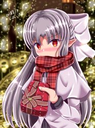 Rule 34 | 1girl, 2018, blush, bow, box, capelet, christmas, coat, dated, dot zip, gift, gift box, hair bow, half updo, highres, holding, holding box, long hair, looking at viewer, melty blood, pointy ears, red eyes, red scarf, scarf, scarf over mouth, silver hair, solo, tsukihime, upper body, white bow, white capelet, white coat, white len (tsukihime)