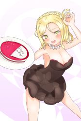 Rule 34 | 1girl, artist name, artist request, bare legs, bare shoulders, black bow, black dress, black skirt, blonde hair, blush, bow, braid, breasts, brown eyes, caffeine2133, cleavage, collarbone, crown braid, dress, dress bow, female focus, green eyes, hair rings, highres, holding, holding plate, looking at viewer, love live!, love live! sunshine!!, medium breasts, ohara mari, parted lips, plate, short hair, skirt, smile, solo, white background, wing collar, yellow eyes