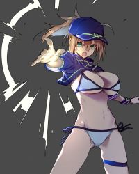 Rule 34 | 10mo, 1girl, ahoge, artoria pendragon (fate), baseball cap, bikini, blonde hair, blue hat, blue jacket, breasts, cleavage, cropped jacket, fate/grand order, fate (series), green eyes, hair between eyes, hair through headwear, hat, highres, jacket, large breasts, long hair, long sleeves, looking at viewer, mysterious heroine x (fate), mysterious heroine xx (fate), navel, open mouth, outstretched arm, ponytail, shrug (clothing), sidelocks, solo, swimsuit, thighs, white bikini, wristband