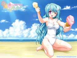 Rule 34 | 1girl, alto seneka, barefoot, beach, blue hair, blush, breasts, casual one-piece swimsuit, cleavage, cloud, day, food, galge.com, hair ornament, hairclip, hisaki mei, ice cream, large breasts, long hair, natsuiro penguin, one-piece swimsuit, one eye closed, outdoors, purple eyes, sexually suggestive, sitting, sky, solo, suggestive fluid, swimsuit, wallpaper, wariza, wink