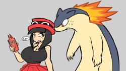 1girl 2024_pokemon_teraleak bare_shoulders black_eyes black_tank_top breasts cleavage collarbone creatures_(company) desiredelta english_text game_freak gen_2_pokemon gen_4_pokemon grey_background hat highres holding holding_phone large_breasts looking_at_another looking_at_phone meme nervous_sweating nintendo open_mouth phone pleated_skirt pokemon pokemon_(creature) pokemon_xy red_eyes red_hat red_skirt rotom rotom_phone serena_(pokemon) simple_background skirt speech_bubble sweat tank_top typhlosion