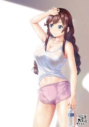 Rule 34 | 1girl, aqua eyes, artist name, blush, bottle, braid, breasts, brown hair, cleavage, collarbone, highres, kantai collection, large breasts, long hair, looking at viewer, navel, noshiro (kancolle), pink shorts, see-through, shorts, sidelocks, signature, smile, solo, standing, swept bangs, takasaki ryou, tank top, twin braids, twitter username, water bottle, wet, wet clothes, wiping forehead