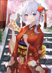 Rule 34 | 1girl, absurdres, blue eyes, breasts, chenmu sora, cherry blossoms, commentary request, cowboy shot, day, floral print, flower, fox statue, grey hair, hair flower, hair ornament, hair over shoulder, hands up, highres, holding, holding paper, japanese clothes, kimono, long sleeves, looking at viewer, medium breasts, new year, omikuji, open mouth, original, outdoors, paper, print kimono, red kimono, smile, solo, stairs, standing, torii, tree, wide sleeves