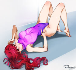 Rule 34 | 1girl, arched back, bare legs, bare shoulders, barefoot, blush, breasts, dated, flexible, hair ribbon, leotard, long hair, looking at viewer, medium breasts, mina cream, persona, persona 5, persona 5 the royal, ponytail, red eyes, red hair, ribbon, smile, solo, stretching, upside-down, yoshizawa kasumi