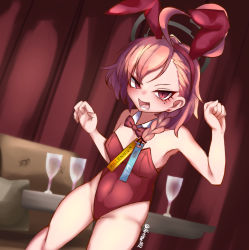 Rule 34 | 1girl, ahoge, animal ears, bad id, bad pixiv id, bare shoulders, blue archive, bow, bowtie, braid, commentary request, couch, cup, detached collar, drinking glass, dutch angle, fake animal ears, hetima0112, huge ahoge, leotard, looking at viewer, mole, mole under eye, neru (blue archive), neru (bunny) (blue archive), open mouth, pink hair, playboy bunny, rabbit ears, red bow, red bowtie, red eyes, red leotard, single braid, solo, strapless, strapless leotard, tag, traditional bowtie, wine glass