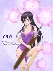 Rule 34 | 1girl, ayra (fire emblem), barefoot, black hair, breasts, character name, chatarou (chatachata0201), cleavage, dress, earrings, fire emblem, fire emblem: genealogy of the holy war, flower, jewelry, long hair, nintendo, purple eyes, scabbard, sheath, side slit, solo, sword, weapon