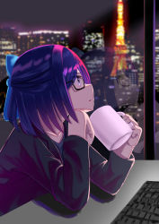 Rule 34 | 1girl, a-chan (hololive), black-framed eyewear, black jacket, black shirt, blue bow, blurry, blurry background, bow, building, cityscape, commentary request, cup, depth of field, glasses, hair bow, highres, holding, holding cup, hololive, indoors, jacket, keyboard (computer), long sleeves, looking away, looking to the side, mug, natsuki (natukituki), night, parted lips, purple eyes, purple hair, reflection, shirt, skyscraper, solo, virtual youtuber, window