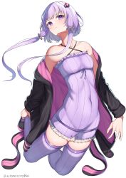Rule 34 | 1girl, absurdres, bare shoulders, blush, breasts, covered navel, dress, frilled dress, frills, frown, full body, hair ornament, hairpin, highres, leaning back, legs folded, long hair, m-&gt;g, purple eyes, purple hair, purple thighhighs, serious, skin tight, skindentation, sleeveless, sleeveless dress, small breasts, solo, strapless, strapless dress, striped clothes, striped dress, striped thighhighs, thighhighs, thighs, tube dress, twintails, vertical-striped clothes, vertical-striped dress, vertical-striped thighhighs, vocaloid, voiceroid, yuzuki yukari