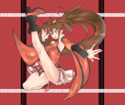 Rule 34 | 1girl, arc system works, boots, brown hair, china dress, chinese clothes, detached sleeves, dress, full body, fuyunohajime, guilty gear, high heels, high kick, highres, impossible clothes, kicking, kuradoberi jam, long hair, open mouth, red theme, shoes, solo, very long hair, wide sleeves, yellow eyes