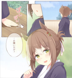 Rule 34 | 1girl, puff of air, animal ears, beckoning, blush, brown hair, clover hair ornament, comic, day, fine motion (umamusume), fuji kakei, green eyes, hair bun, hair ornament, haori, horse ears, japanese clothes, kimono, looking at viewer, multicolored hair, notice lines, open mouth, outdoors, patting, sitting, smile, solo, sound effects, speech bubble, translation request, twitter username, two-tone hair, umamusume, white kimono