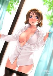 Rule 34 | 1girl, areola slip, blush, breasts, brown hair, brown pantyhose, clothes pull, collared shirt, commission, cowboy shot, curtain grab, curtains, dutch angle, highres, koizumi hanayo, large breasts, looking at viewer, love live!, love live! school idol project, medium hair, naked shirt, no bra, no panties, open mouth, pantyhose, pantyhose pull, purple eyes, shirt, signature, skeb commission, solo, standing, tachibana roku, wide-eyed, wing collar