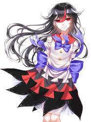 Rule 34 | 1girl, absurdres, alternate hair length, alternate hairstyle, arms behind back, arrow (symbol), bad id, bad pixiv id, black hair, blue bow, blue bowtie, bow, bowtie, cowboy shot, dress, grey horns, highres, horns, kijin seija, lace, looking at viewer, multicolored clothes, multicolored dress, multicolored hair, parted lips, petticoat, puffy short sleeves, puffy sleeves, red eyes, red hair, sash, sheya, short dress, short sleeves, smile, solo, streaked hair, touhou, white background, white hair