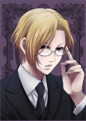 Rule 34 | 1boy, black necktie, black suit, blonde hair, formal, fumizuki ayako, glasses, hand up, index finger raised, long sleeves, looking at viewer, louis james moriarty, male focus, necktie, parted lips, purple background, red eyes, simple background, solo, suit, upper body, yuukoku no moriarty