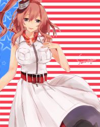 Rule 34 | 10s, 1girl, belt, breast pocket, breasts, brown hair, dress, hair between eyes, impossible clothes, kantai collection, kurere, large breasts, looking at viewer, neckerchief, open mouth, pocket, ponytail, red neckerchief, saratoga (kancolle), smile, solo, white dress
