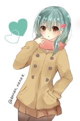 Rule 34 | 10s, 1girl, aqua hair, bad id, bad twitter id, blush, breath, brown eyes, buttons, chestnut mouth, cowboy shot, hair ornament, hand in pocket, heart, heart hair ornament, highres, kantai collection, open mouth, pantyhose, scarf, simple background, skirt, solo, souhi, suzuya (kancolle), twitter username, white background, winter clothes