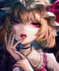 Rule 34 | + +, 1girl, blonde hair, blurry, blurry background, choker, depth of field, fangs, fingernails, flandre scarlet, frilled shirt collar, frills, hair between eyes, half-closed eyes, hands up, hat, highres, kyogoku-uru, lips, looking at viewer, mob cap, nail polish, portrait, red eyes, red nails, solo, tongue, tongue out, touhou, vampire