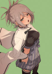 Rule 34 | 1girl, black thighhighs, blush, breasts, commentary, covered erect nipples, folded hair, from above, fu-ta, green background, green eyes, grey hair, hair between eyes, highres, large breasts, looking at viewer, open mouth, oshiro project:re, oshiro project:re, simple background, solo, tanba kameyama (oshiro project), thighhighs