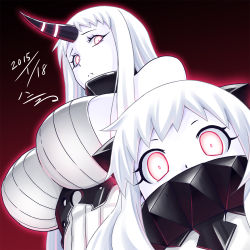 Rule 34 | 10s, 2girls, abyssal ship, colored skin, dated, dress, from below, h-new, horns, kantai collection, long hair, looking at viewer, multiple girls, northern ocean princess, red eyes, ribbed sweater, seaport princess, signature, single horn, sweater, sweater dress, white dress, white hair, white skin