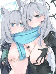 Rule 34 | 2girls, ahoge, animal ear fluff, animal ears, bandaid, bandaids on nipples, black gloves, blue archive, blue eyes, blue scarf, breasts, cross hair ornament, eyes visible through hair, gloves, green gloves, grey hair, hair between eyes, hair ornament, halo, highres, large breasts, long hair, looking at viewer, medium breasts, medium hair, mikozin, multiple girls, navel, pasties, scarf, shared clothes, shared scarf, shiroko (blue archive), shiroko terror (blue archive), simple background, underwear, white background