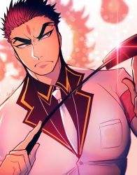 Rule 34 | 1boy, aizen (housamo), bara, black hair, facial mark, forehead mark, forked eyebrows, formal, hair slicked back, halo, halo behind head, highres, large pectorals, looking at viewer, male focus, muscular, muscular male, necktie, pectorals, red eyes, short hair, solo, sparkle, suit, thick eyebrows, tokyo houkago summoners, touoh, upper body, white suit