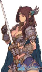Rule 34 | 1girl, armor, artist request, breasts, brown hair, cleavage, gauntlets, large breasts, long hair, pauldrons, red eyes, shoulder armor, solo, sword, tiara, transparent background, weapon
