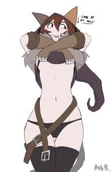 Rule 34 | 1girl, animal ears, animal hood, arbuz budesh, bandage on tail, blush, boots, breasts, brown eyes, brown hair, cat ears, cat girl, cat hood, cat tail, stomach, fur collar, gloves, hood, jacket, knee boots, leather, leather boots, leather gloves, leather jacket, midriff, nathy, short hair, small breasts, small fangs, solo, tail, thighhighs, underboob, waist belt, witch hood