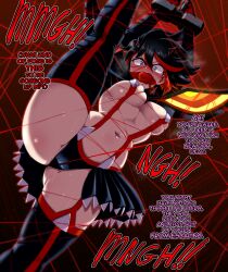 Rule 34 | 1girl, bdsm, black hair, blue eyes, bondage, bound, breasts, english text, gag, gagged, highres, issa castagno, kamui (kill la kill), kill la kill, large breasts, leg up, life fiber, living clothes, matoi ryuuko, multicolored hair, red background, red hair, revealing clothes, shibari, short hair, simple background, solo focus, split, standing, standing on one leg, standing split, stocks, streaked hair, suspenders, two-tone hair, underboob