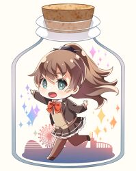 Rule 34 | 1girl, blue eyes, bottle, brown footwear, brown hair, brown jacket, brown skirt, brown thighhighs, collared shirt, full body, hair between eyes, in bottle, in container, jacket, kantai collection, kukimaru, kumano (kancolle), kumano kai ni (kancolle), long hair, neck ribbon, open clothes, open jacket, open mouth, pleated skirt, ponytail, red ribbon, ribbon, shirt, shoes, skirt, solo, thighhighs, white shirt