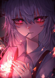 Rule 34 | 1girl, 33 gaff, cigarette, close-up, collared shirt, commentary, dark, embers, eyes visible through hair, fingernails, fire, fujiwara no mokou, glowing, glowing eyes, grey hair, grey shirt, hair between eyes, hands up, long hair, looking at viewer, magic, mouth hold, parted lips, pink eyes, pyrokinesis, shirt, smoke, smoking, solo, suspenders, touhou, upper body