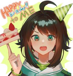 Rule 34 | 1girl, ahoge, aqua hair, bracelet, brown hair, cake, eyebrows hidden by hair, fictional persona, food, fork, hair ornament, hairclip, happy birthday, hat, highres, holding, holding fork, jewelry, looking at viewer, misu (miisuuu), multicolored hair, open mouth, original, party hat, short hair, sidelocks, solo, strawberry shortcake, streaked hair, v-shaped eyebrows, virtual youtuber